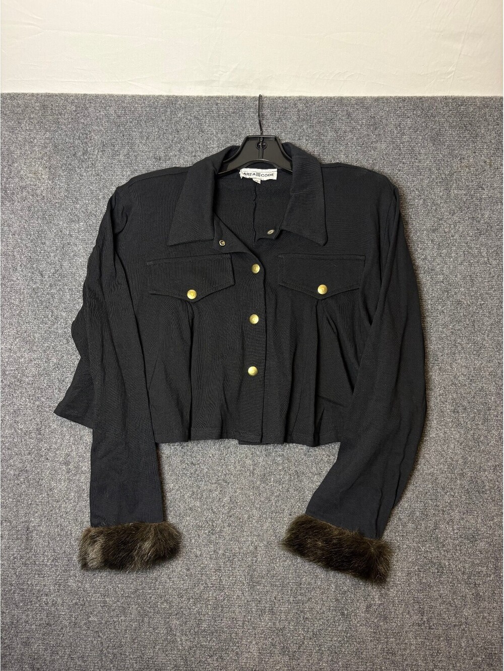 Vintage Area Code Black Cropped Jacket with Faux Fur Cuffs and Gold Button -0225